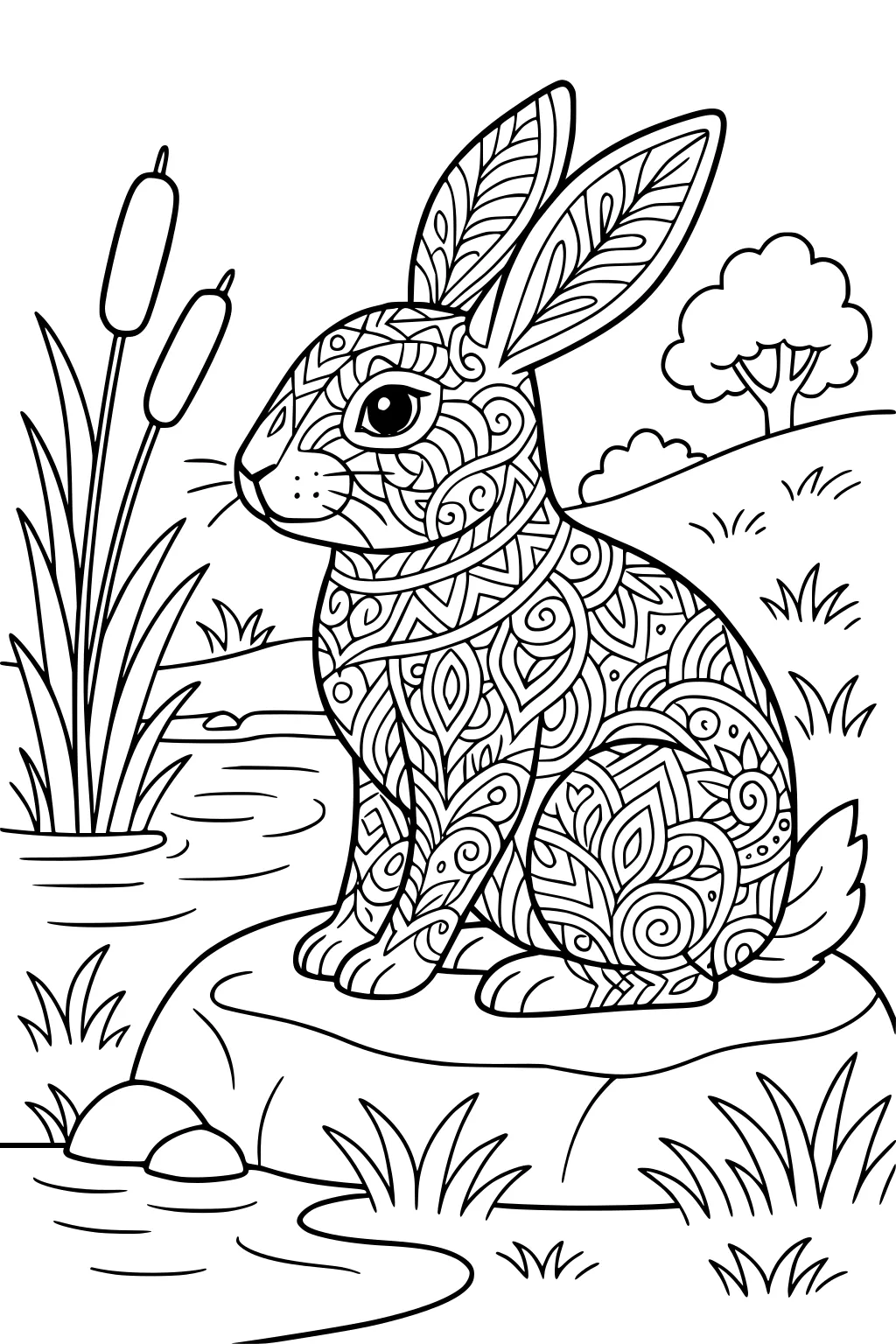 Intricate patterned rabbit sitting on a rock by pond, with cattails, grasses, tree, and rolling hills in the background.