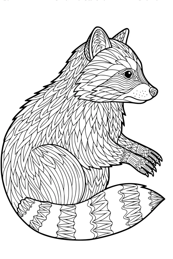 Free Raccoon Coloring Page - Sitting Woodland Bandit With Patterned Fur (Printable PDF)