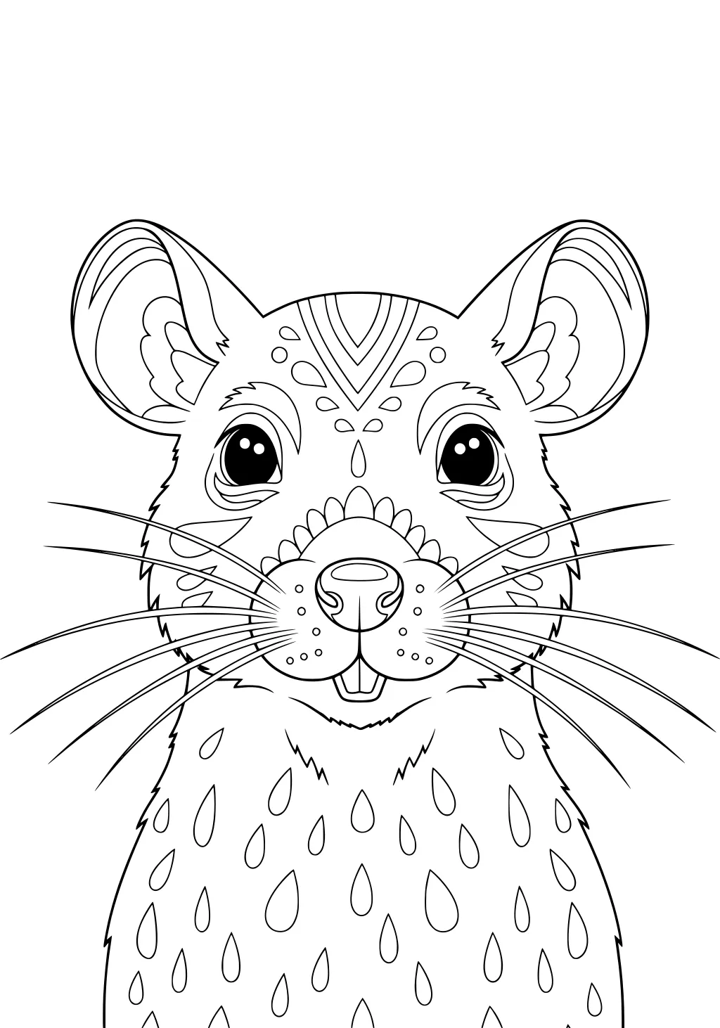 Cartoon rat with big ears, large eyes, patterned face, teardrop shapes on chest, and long whiskers.