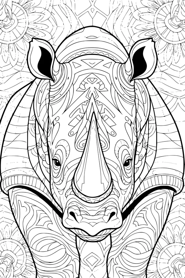 Free Rhinoceros Coloring Page - Mandala Rhino in Floral Garden (Printable PDF)