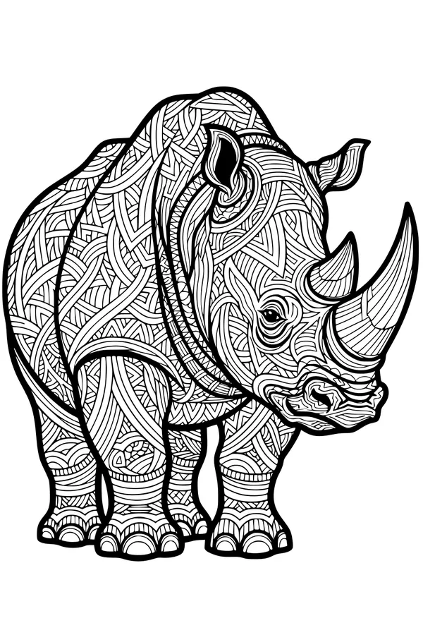 Free Rhinoceros Coloring Page - Swirling Geometric Pattern Rhino (Printable PDF)