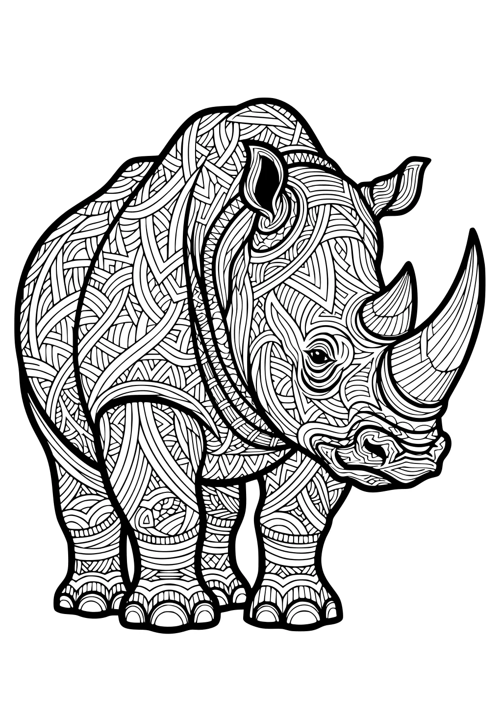 A rhinoceros covered in detailed swirling patterns and bold lines standing on all four legs.