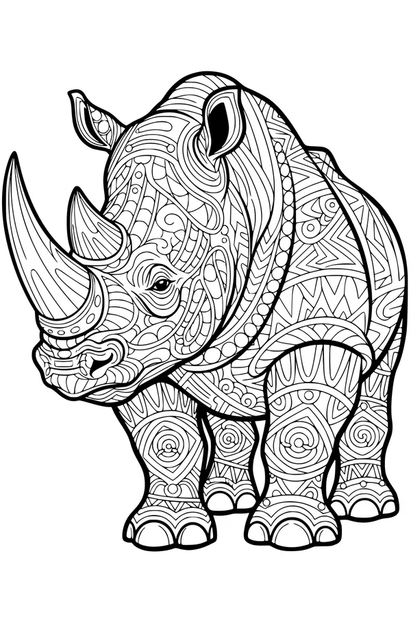 Free Rhinoceros Coloring Page - Swirly Geometric Patterned Rhino (Printable PDF)