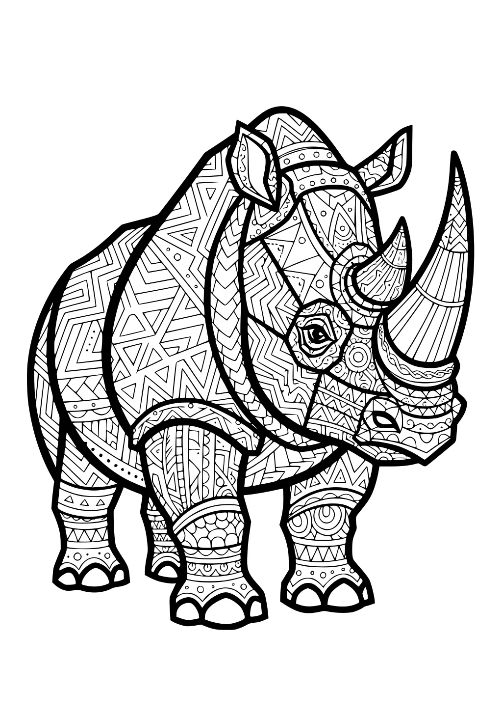 Rhinoceros decorated with geometric and abstract patterns, standing on all fours, with a large horn and patterned skin.