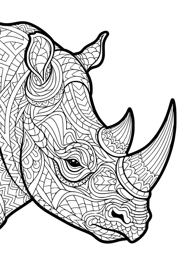 Free Rhinoceros Coloring Page - Intricate Patterned Rhino Head (Printable PDF)