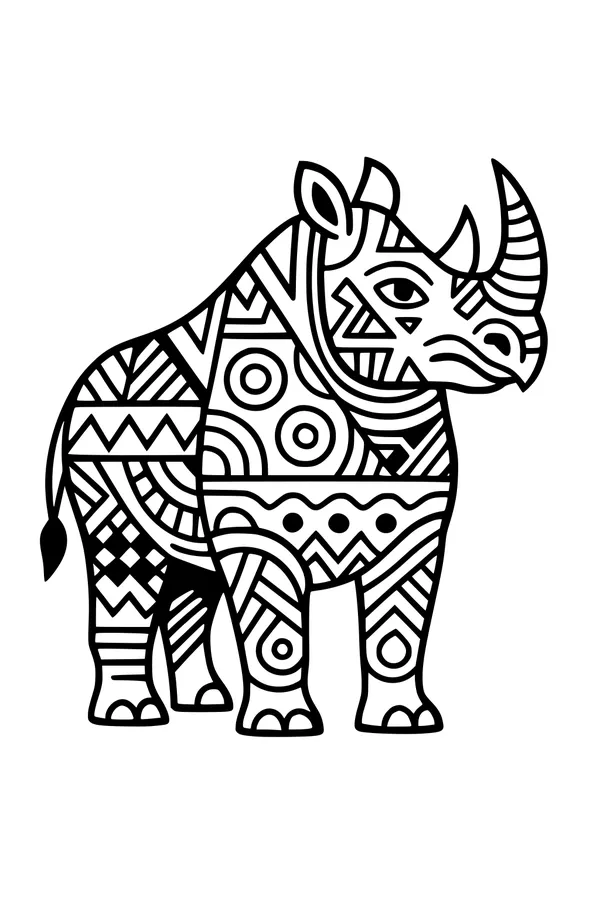 Free Rhinoceros Coloring Page - Geometric Patterned Rhino (Printable PDF)