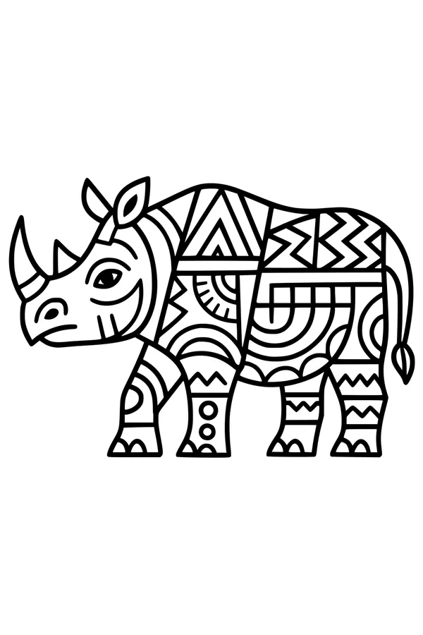 Free Rhinoceros Coloring Page - Smiling Rhino with Geometric Patterns (Printable PDF)