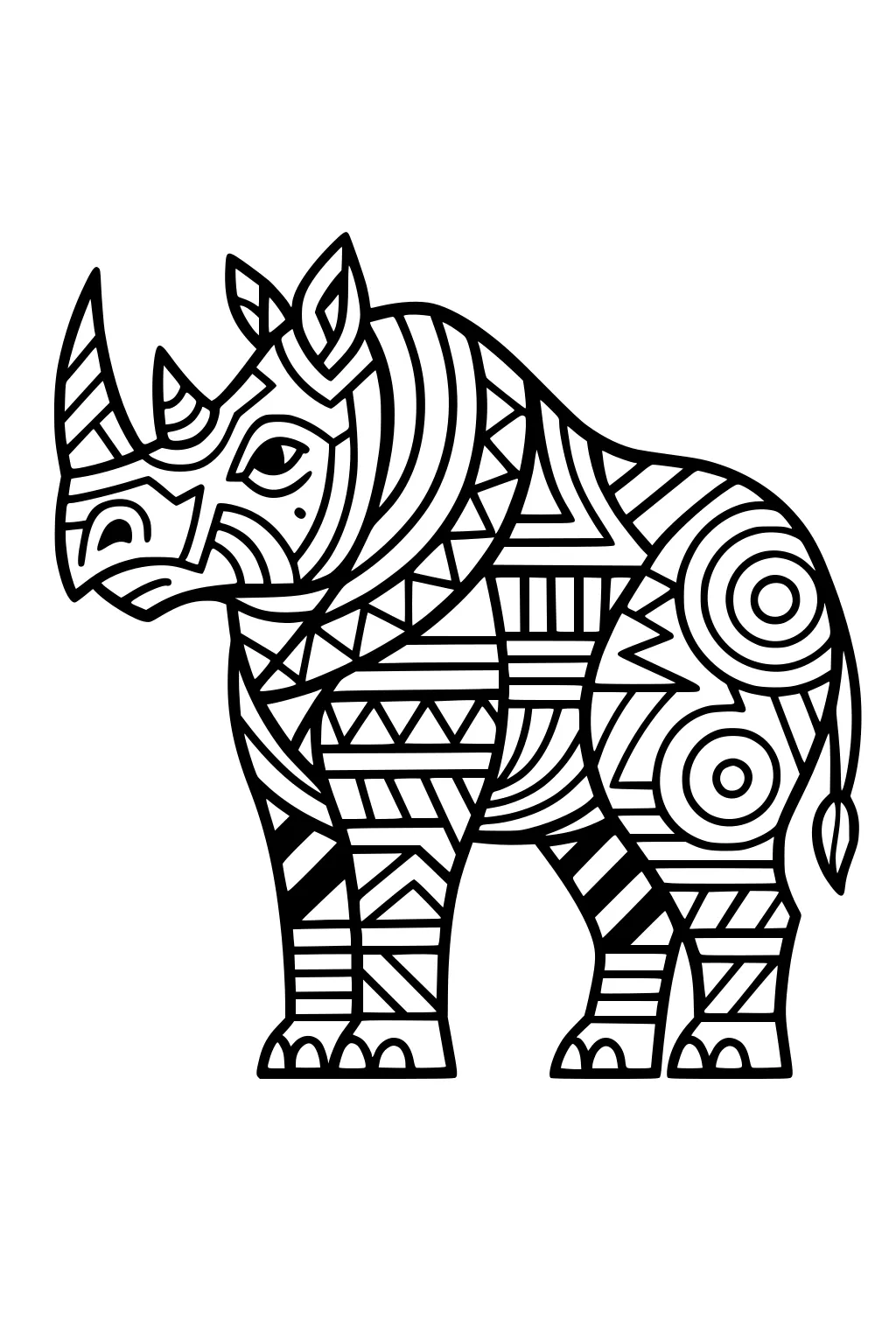Rhinoceros outlined with geometric shapes, including swirls and triangles, filling its body and legs.