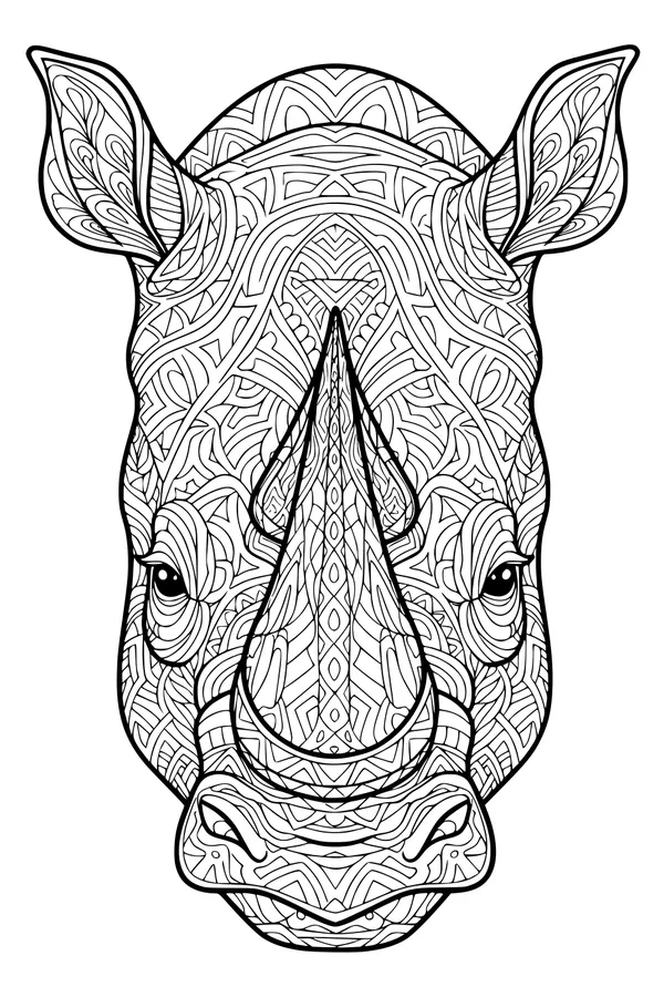 Free Rhinoceros Coloring Page - Intricate Swirly Patterned Head (Printable PDF)