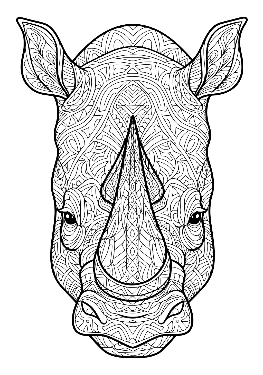 Front-facing rhinoceros head with bold patterned lines and swirls filling the horn, ears, and face.