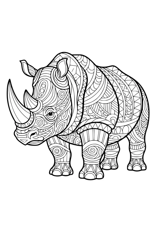 Free Rhinoceros Coloring Page - Patterned Rhino with Swirls (Printable PDF)