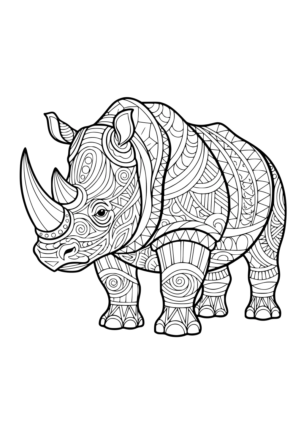 Rhinoceros drawn with bold outlines and filled with decorative swirls, zig-zags, and detailed patterns on its body.