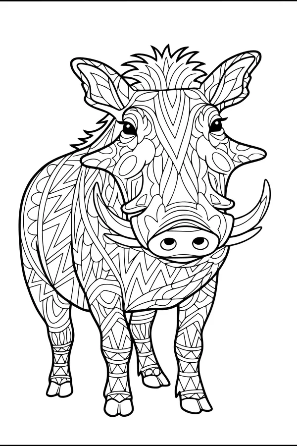 Free Warthog Coloring Page - Zigzag Geometric Patterns (Printable PDF)