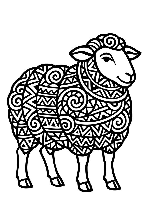 Free Sheep Coloring Page - Swirly Patterned Wool in a Meadow (Printable PDF)