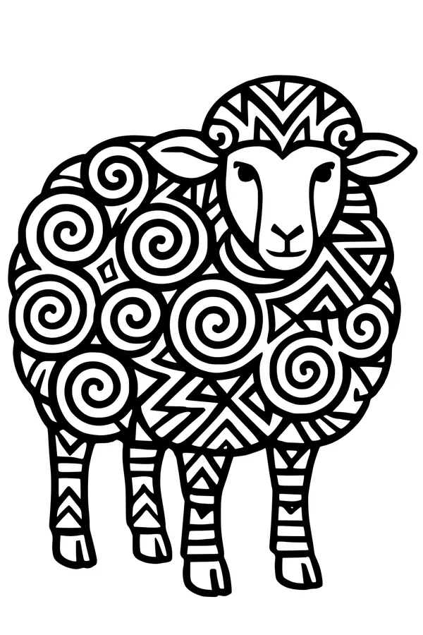 Free Sheep Coloring Page - Swirly Patterned Wool in a Meadow (Printable PDF)