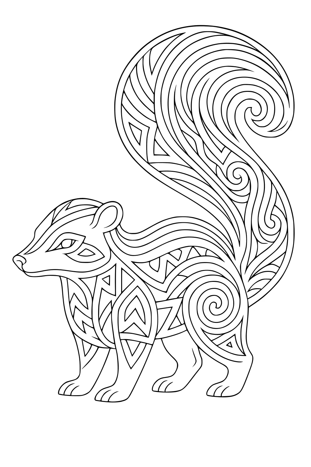 Outlined drawing of a skunk with swirled tail and geometric fur patterns.