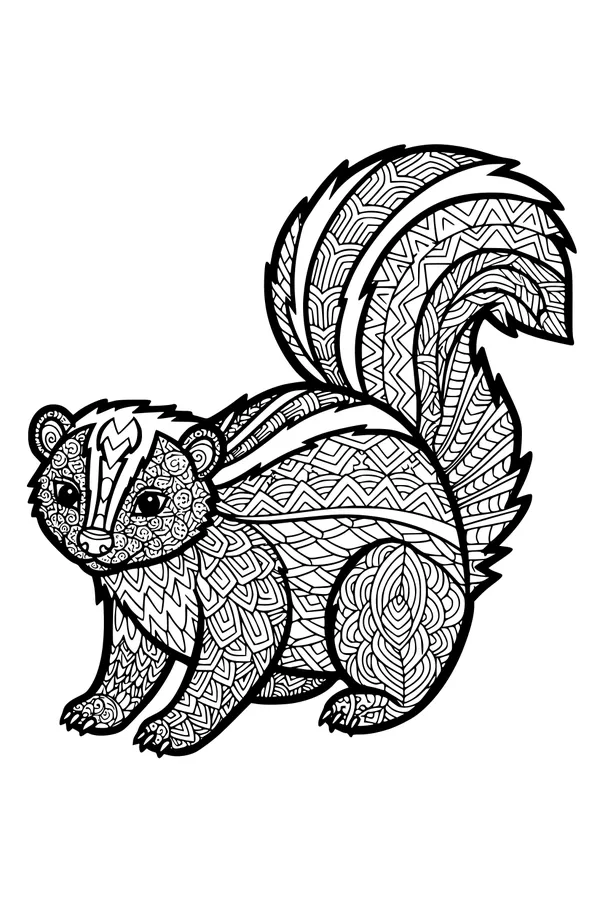 Free Skunk Coloring Page - Swirly Patterned Tail in the Forest (Printable PDF)