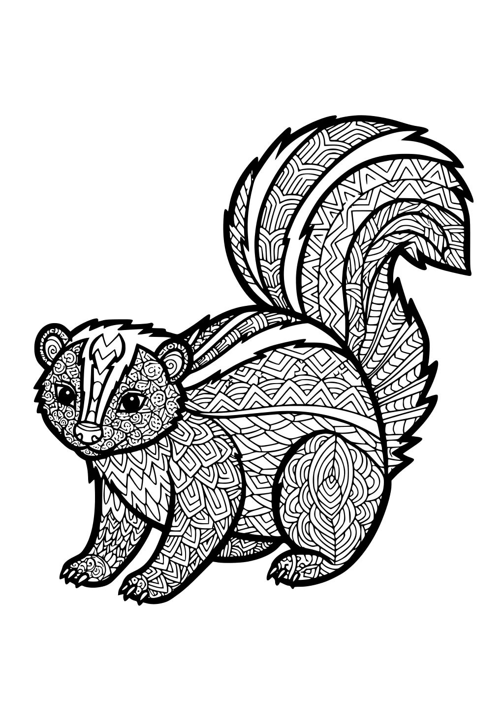 Skunk with big bushy tail, filled with patterned lines, zigzags, and detailed swirls.