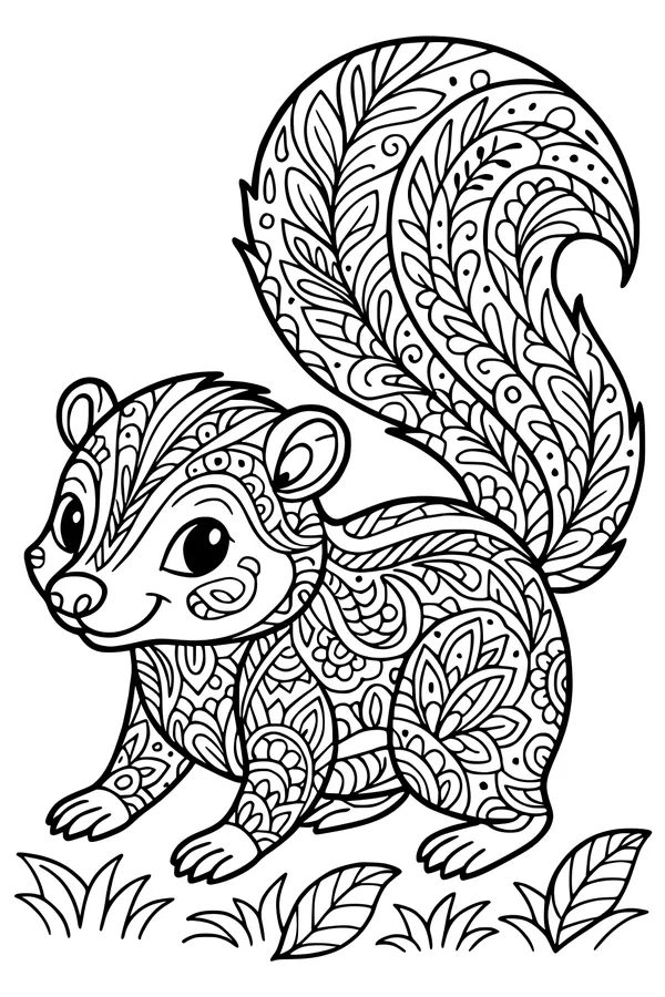 Free Skunk Coloring Page - Whimsical Swirly-Tailed Garden Scene (Printable PDF)