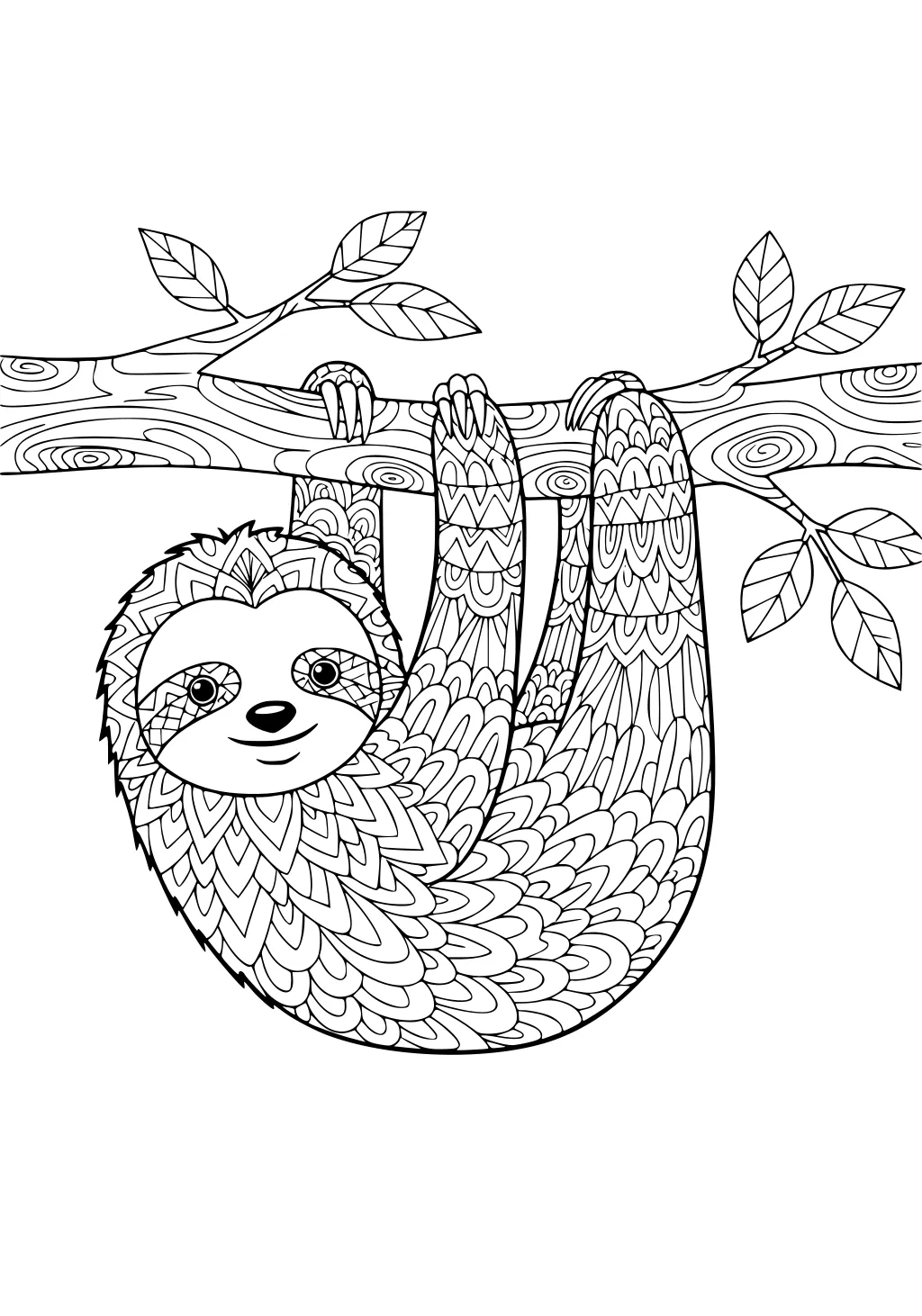 A smiling sloth hangs upside down from a tree branch, surrounded by leaves, with patterned fur and textured branch.