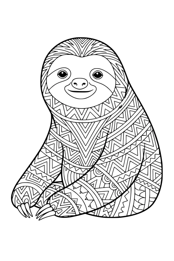 Free Sloth Coloring Page - Smiling Sloth With Geometric Zigzag Patterns (Printable PDF)