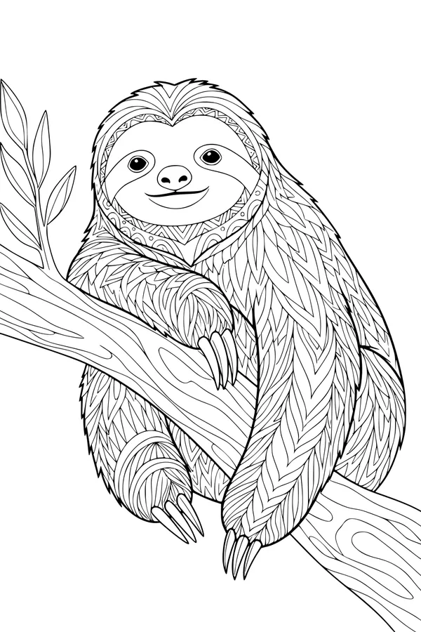 Free Sloth Coloring Page - Smiling Sloth Hanging From Tree Branch (Printable PDF)