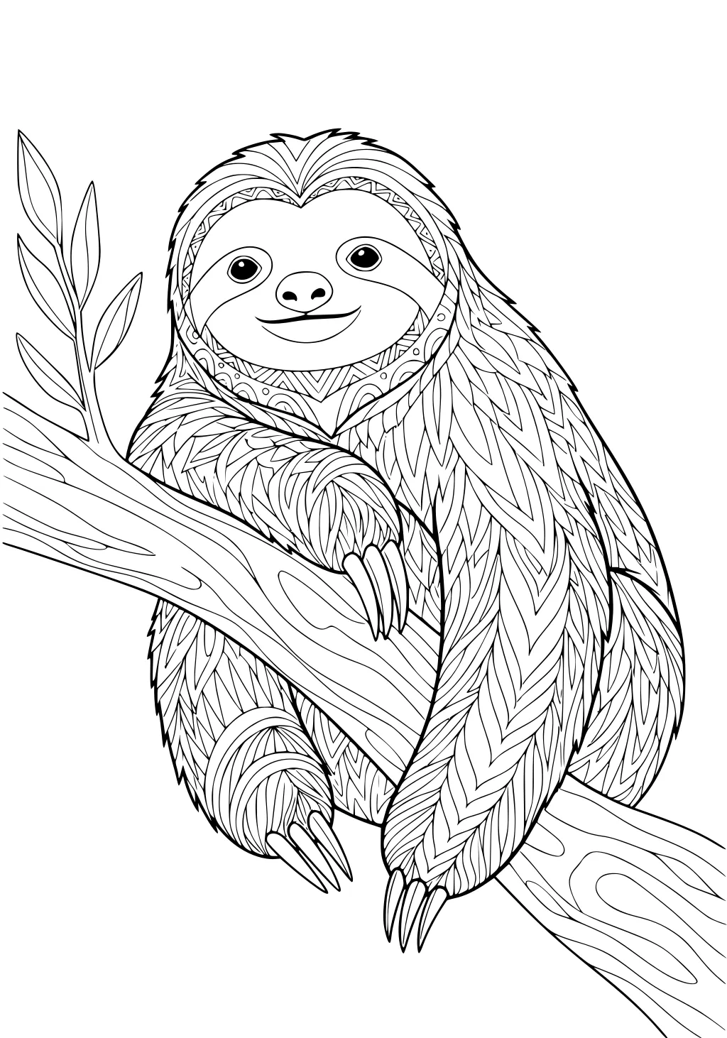 A smiling sloth hangs on a tree branch with detailed patterned fur and leaves growing from the branch.