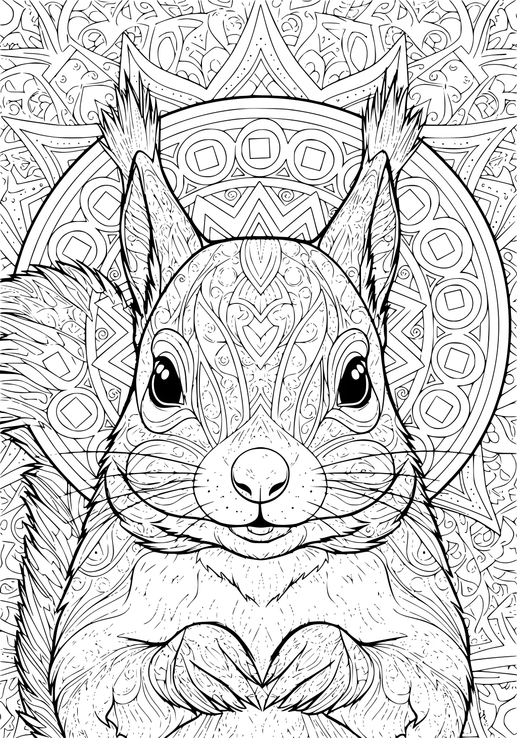 Squirrel with patterned fur and fluffy tail sitting in front of a geometric mandala background.