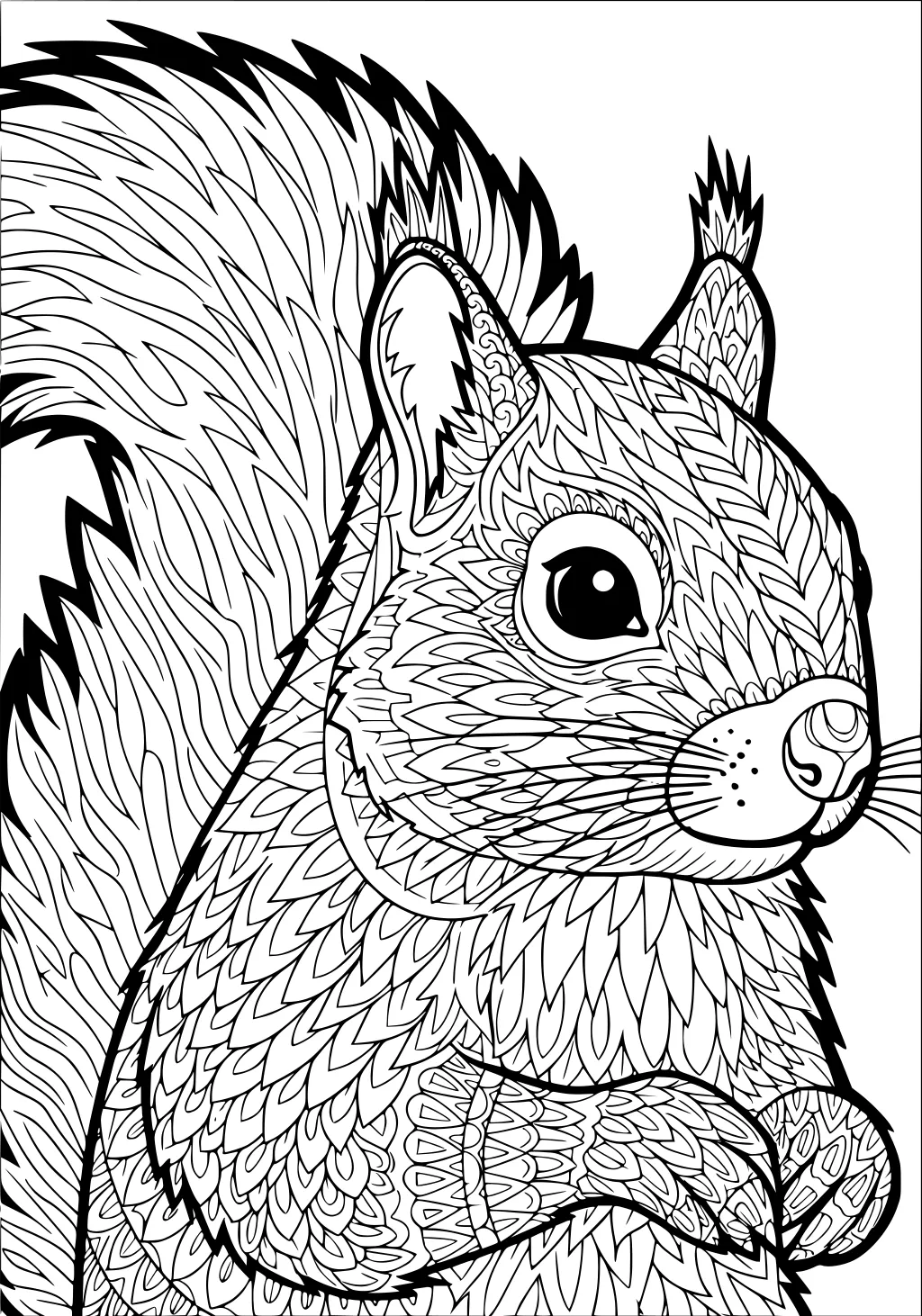Detailed line drawing of a squirrel with fluffy patterned fur, bushy tail, perked ears, and front paws held together.