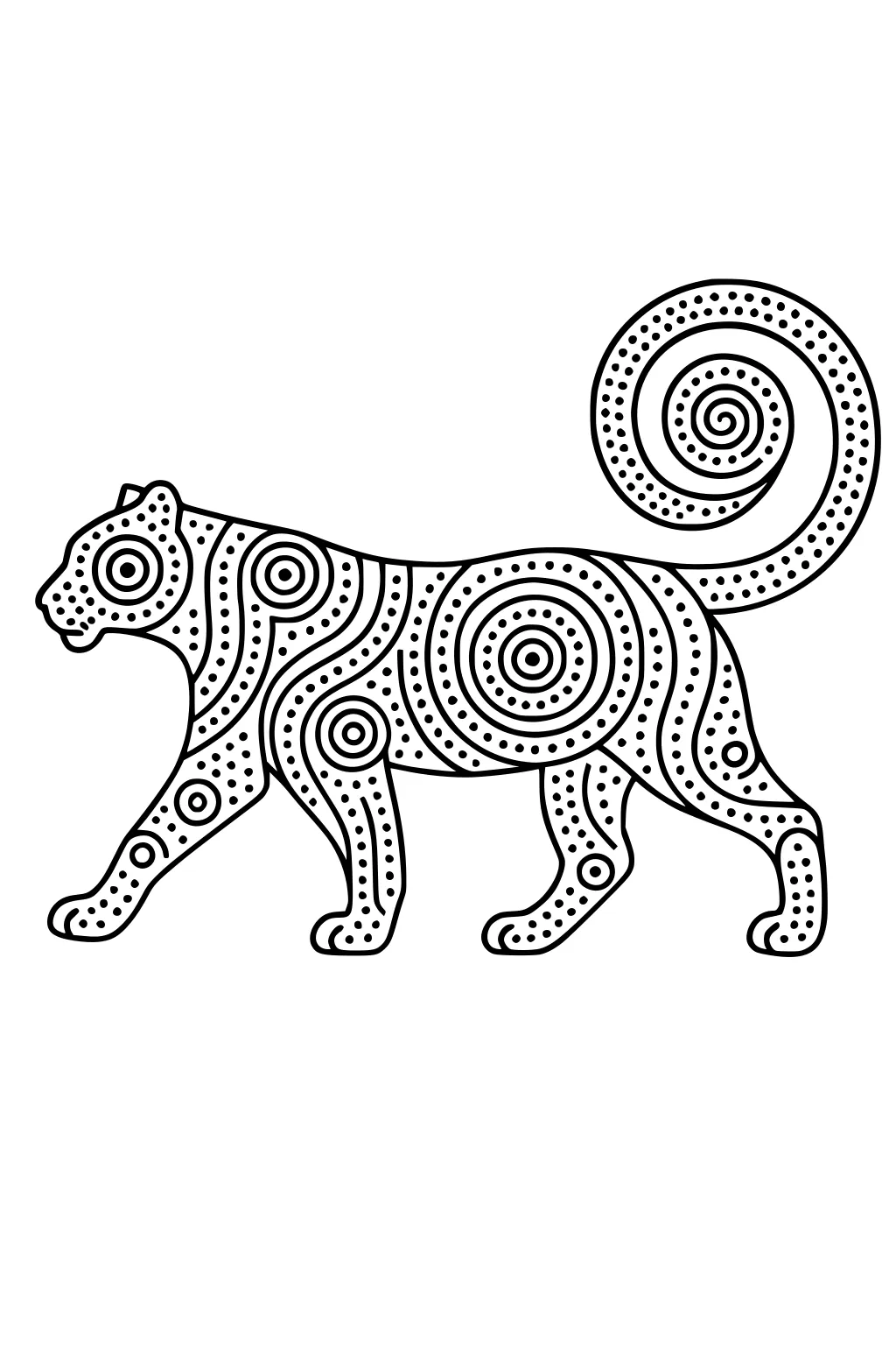 Tiger walking left, covered in spiral and dot designs, with large swirling tail and bold outlines.