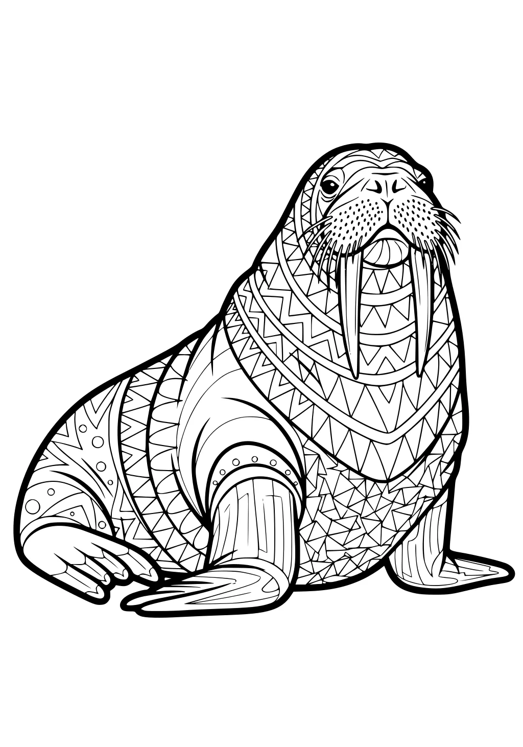 Walrus sitting upright with long tusks and geometric patterns across its body and flippers.