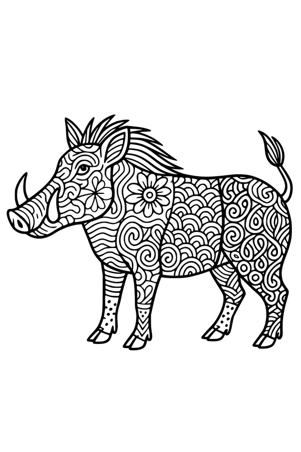 Free Warthog Coloring Page - Patterned Wild Warthog with Flowers (Printable PDF)
