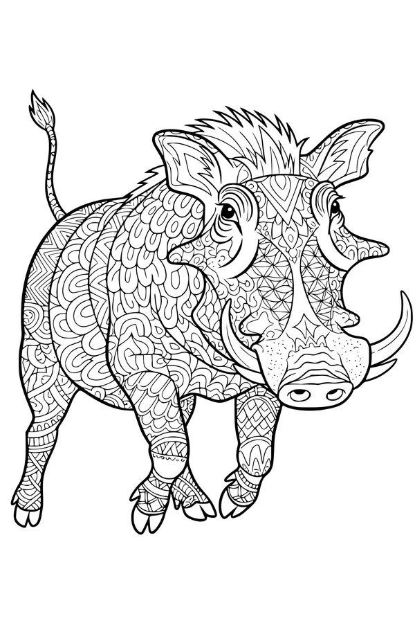 Free Warthog Coloring Page - Patterned Savanna Warthog With Big Tusks (Printable PDF)