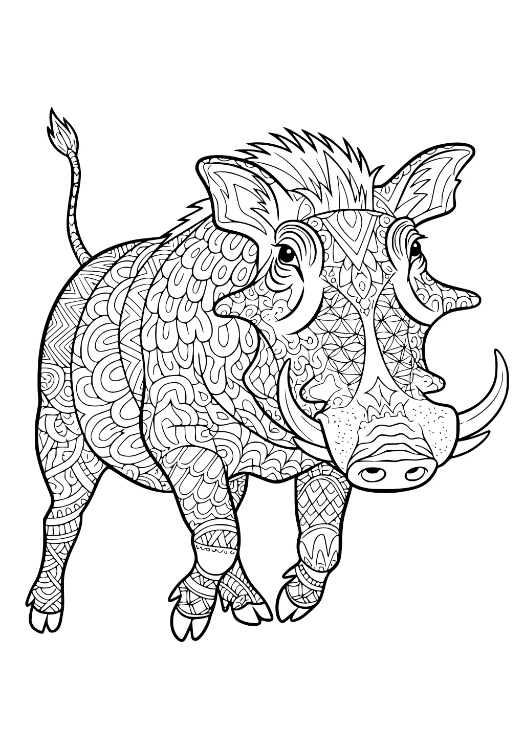 Line drawing of a warthog covered in intricate patterns, with large tusks, pointy ears, and a swirled tail.