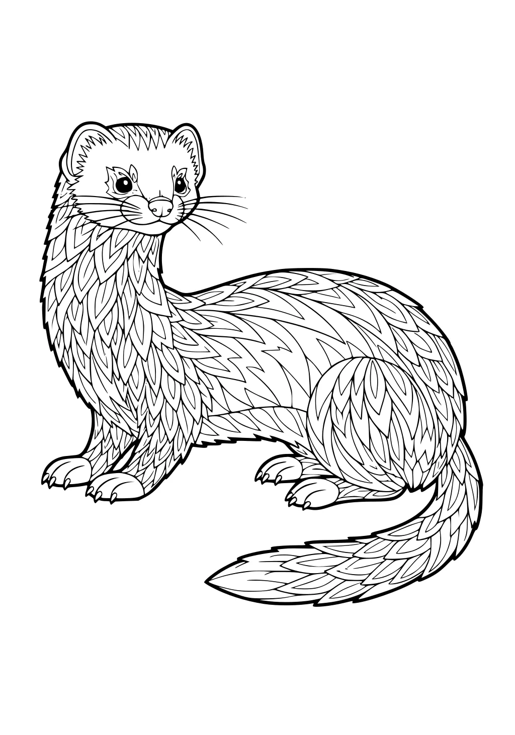 Outlined weasel with patterned fur of leaf shapes, big eyes, sitting, long bushy tail, facing forward, white background.