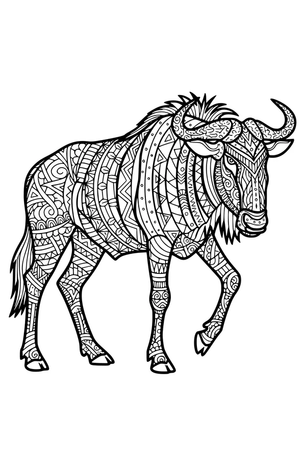 Free Wildebeest Coloring Page - Geometric Savanna Pattern Art (Printable PDF)