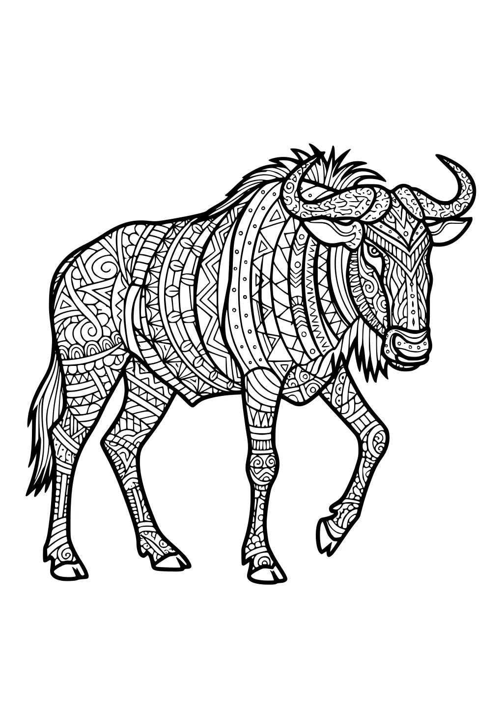 Wildebeest with ornate geometric patterns, curved horns, shaggy mane, lifted hoof, and tufted tail on a blank background.