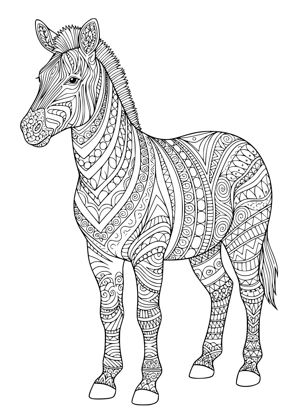 Decorative zebra with swirls, dots, and zigzag stripes, full body, facing left, perked ears and bristly mane, line art on white.