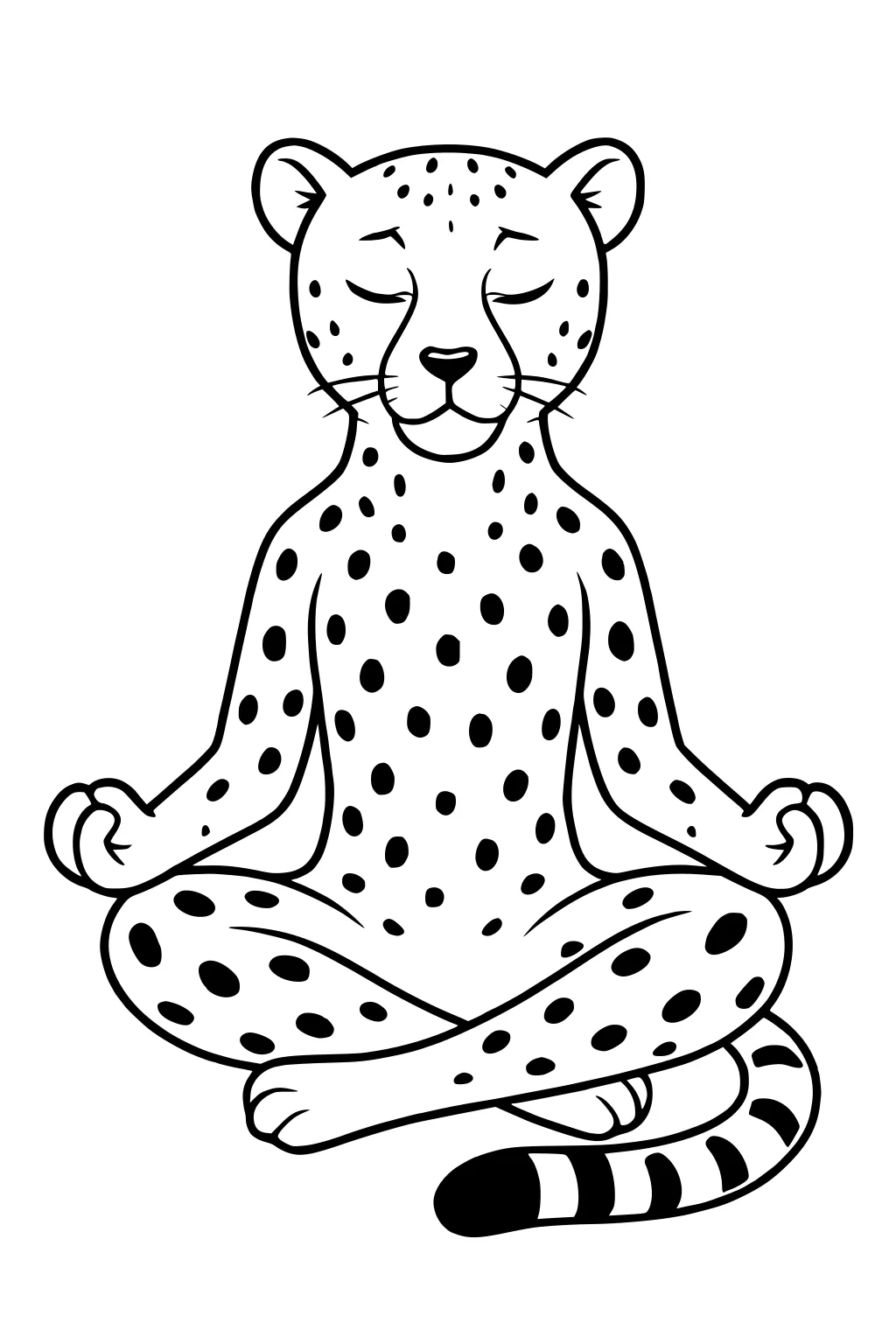 Cartoon cheetah sitting cross-legged with eyes closed, paws on knees, and tail curled around its body.