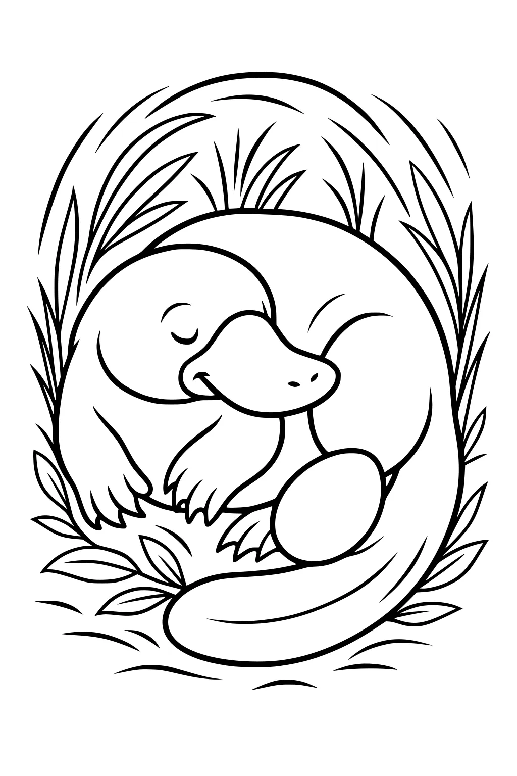 Platypus curled up and sleeping in a leafy nest with long grass around him.