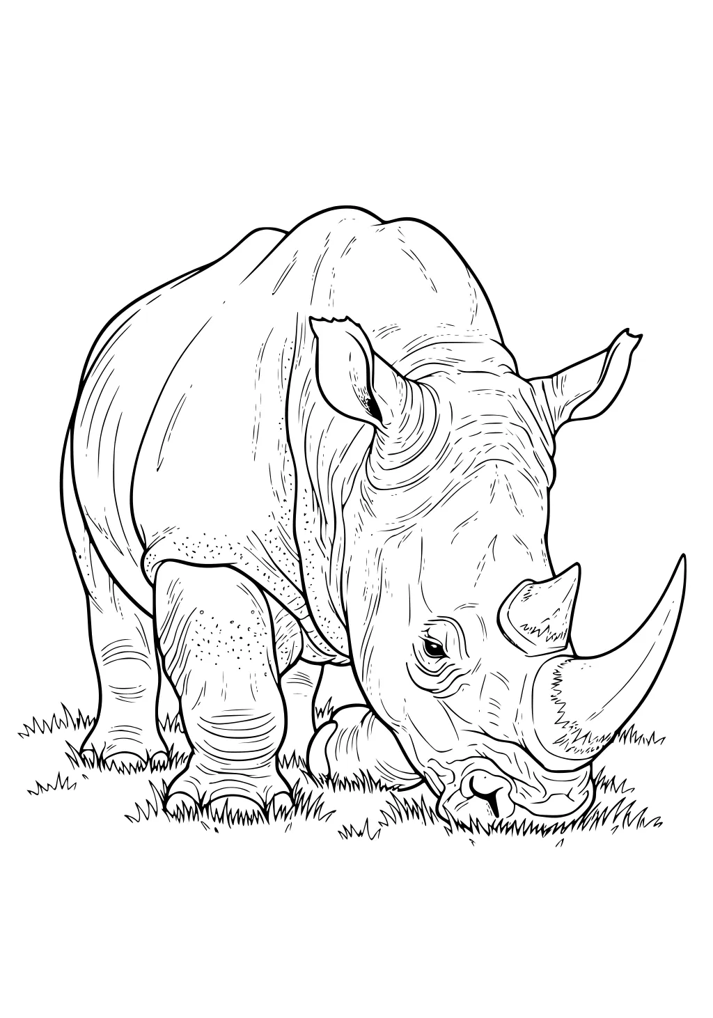 Rhinoceros with two horns grazing on grass, detailed skin folds and sturdy legs, head lowered.