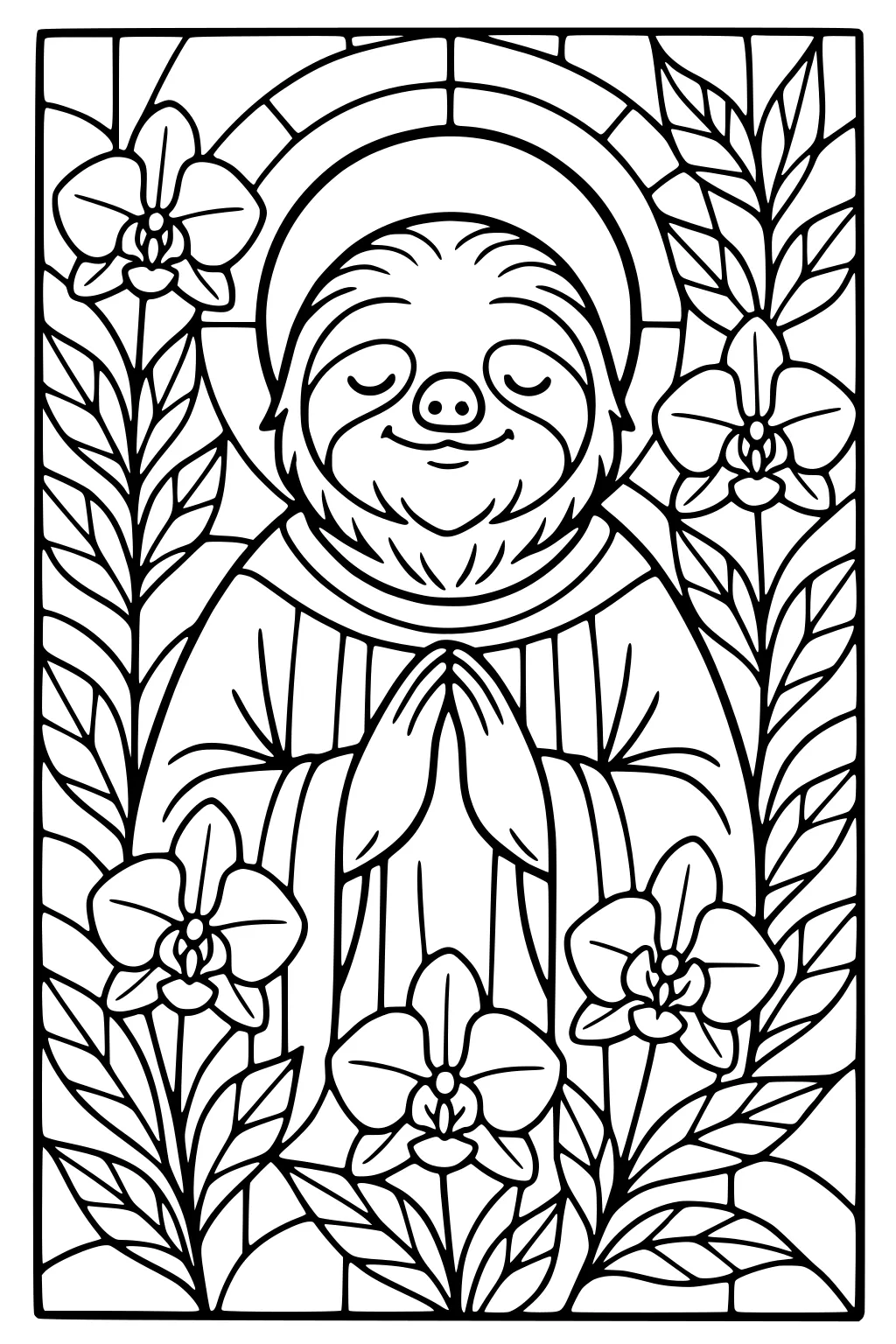 A smiling sloth with folded hands, surrounded by orchids and leaves inside a decorative frame.