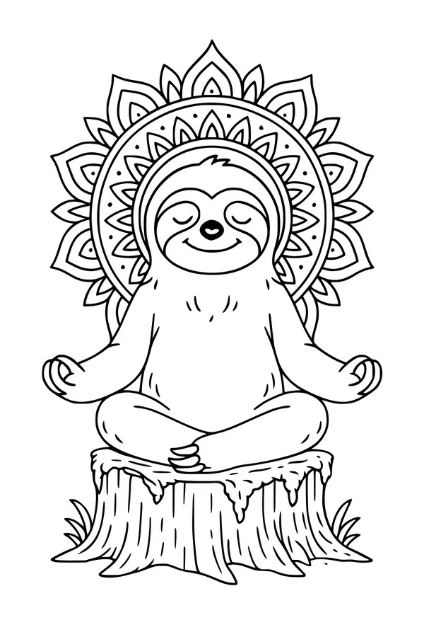 Free Sloth Coloring Page - Peaceful Mandala Meditation Scene (Printable PDF)