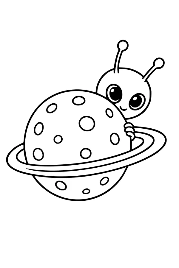 Free Alien Coloring Page - Peekaboo Behind a Ringed Planet (Printable PDF)