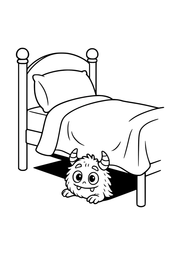 Free Monster Coloring Page - Peekaboo Creature Under the Bed (Printable PDF)
