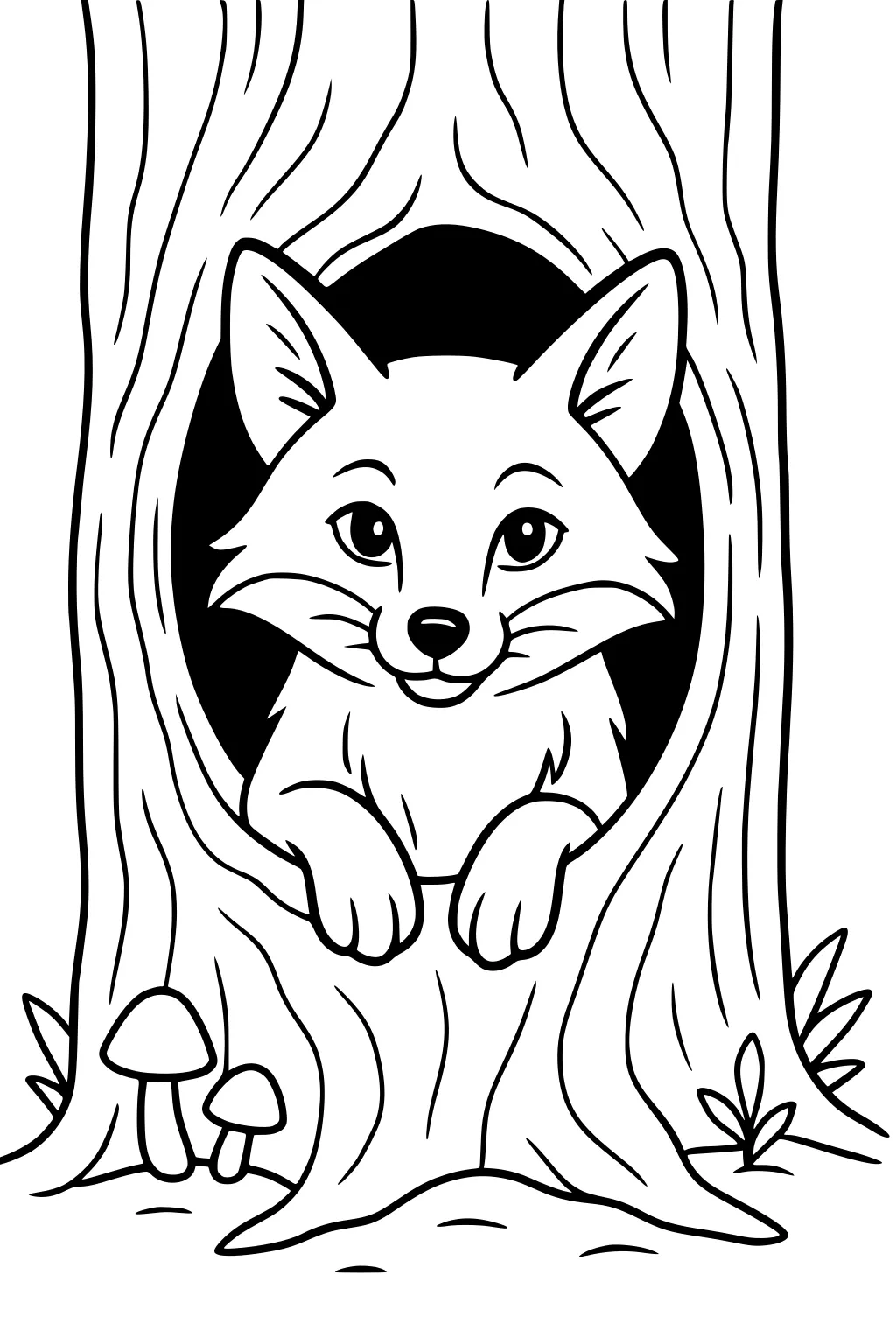 Fox with front paws out in a round tree hollow, mushrooms and grass at tree base