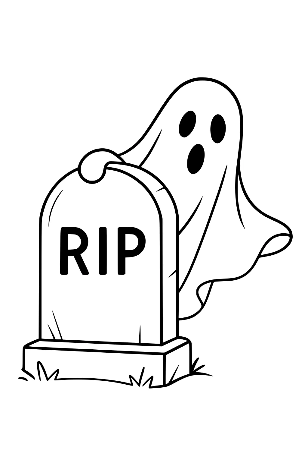 Friendly ghost peeks from behind a rounded tombstone marked RIP with small grass tufts at the base, simple Halloween line art.