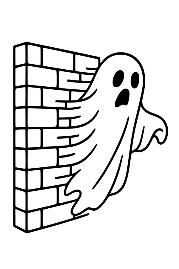 Free Ghost Coloring Page - Peekaboo Spirit Through Brick Wall (Printable PDF)