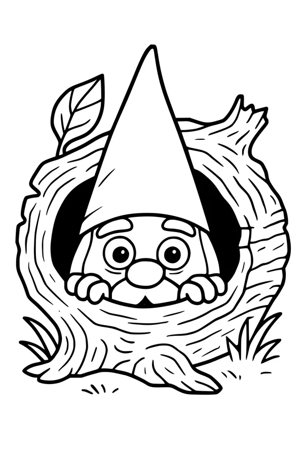 Free Gnome Coloring Page - Peekaboo In A Hollow Tree Trunk (Printable PDF)