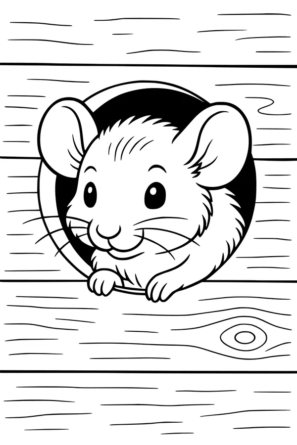 Free Mouse Coloring Page - Peekaboo Mouse in Wooden Wall (Printable PDF)